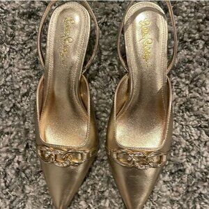 Lilly Pulitzer gold sling back kitten heels